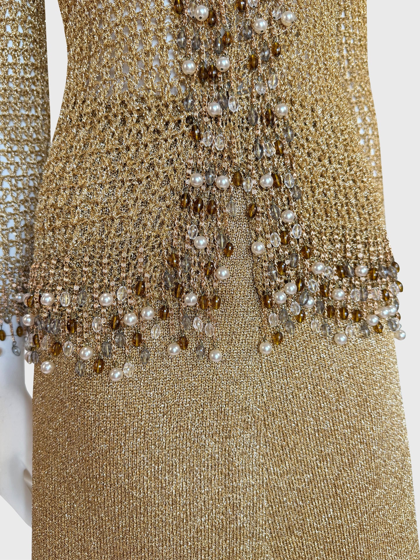 LORIS AZZARO 1970s Vintage Beaded Chainmail Crochet Top & Skirt Ensemble