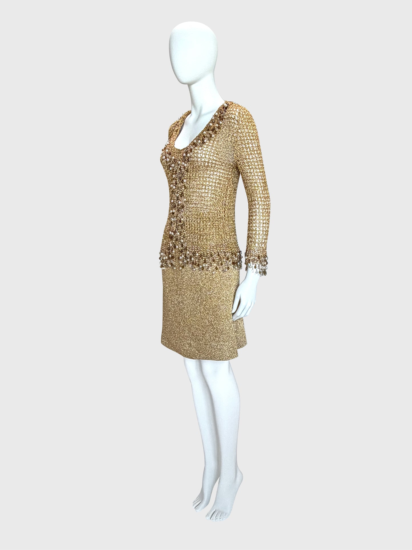 LORIS AZZARO 1970s Vintage Beaded Chainmail Crochet Top & Skirt Ensemble