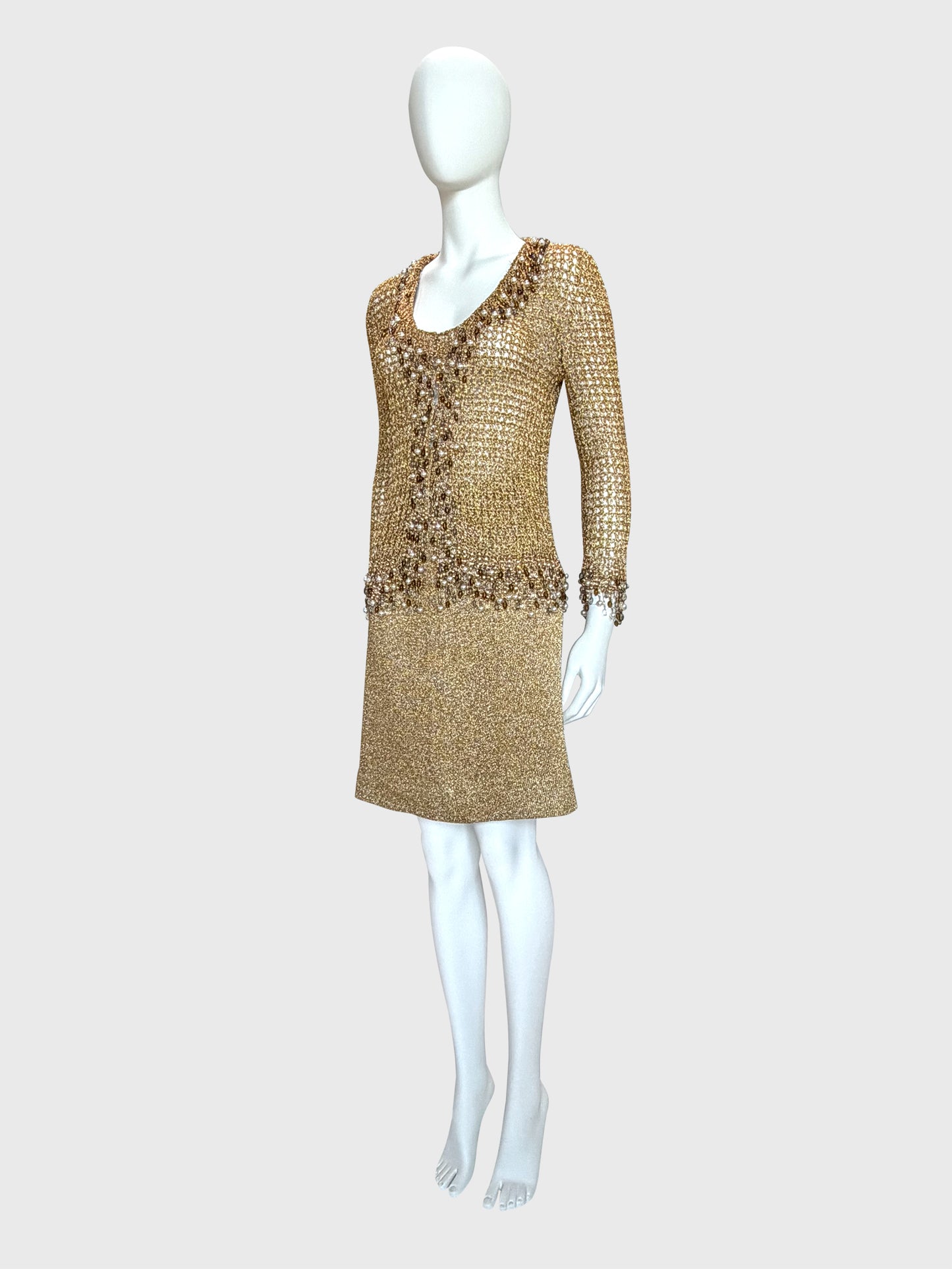 LORIS AZZARO 1970s Vintage Beaded Chainmail Crochet Top & Skirt Ensemble