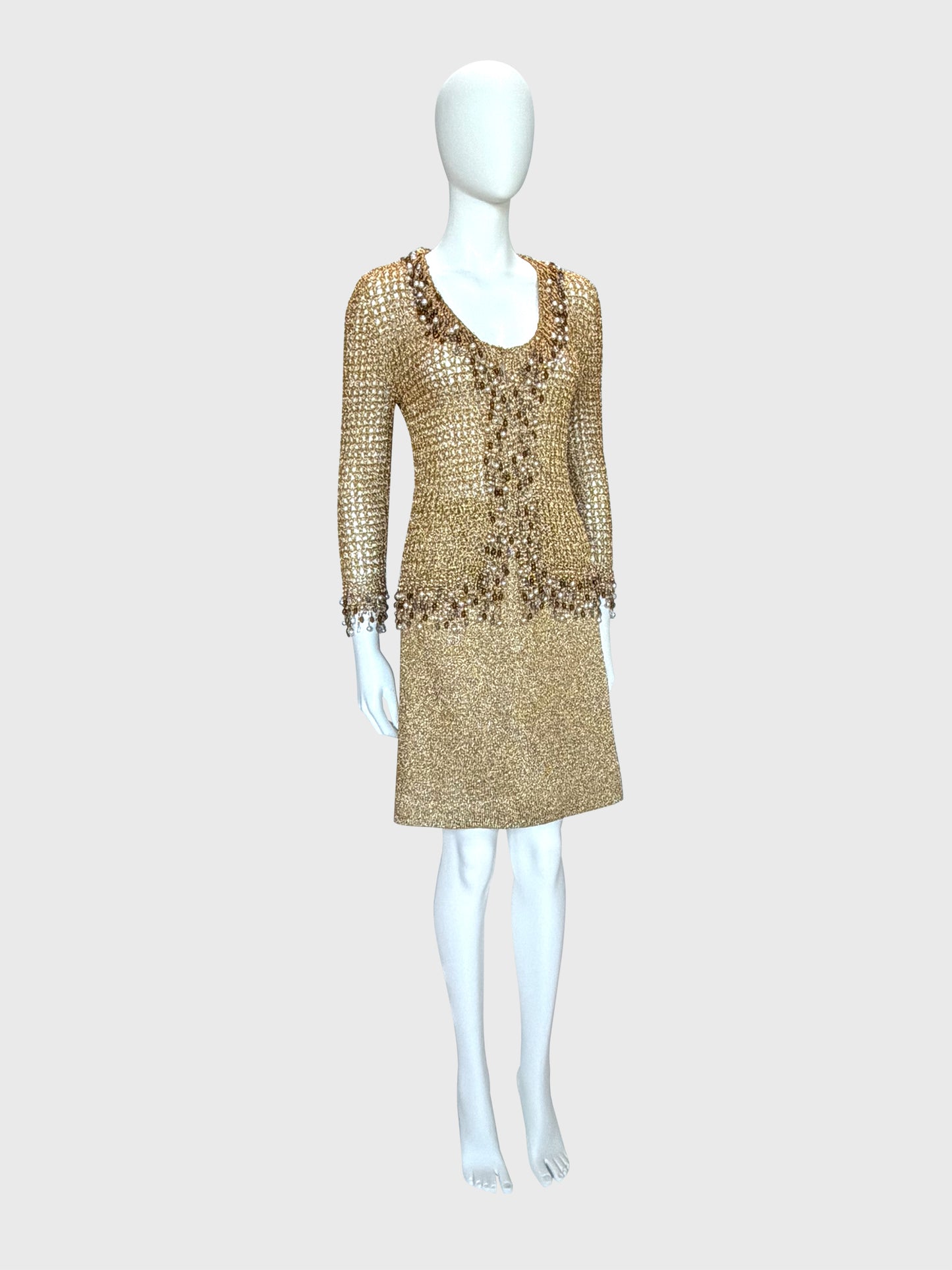 LORIS AZZARO 1970s Vintage Beaded Chainmail Crochet Top & Skirt Ensemble