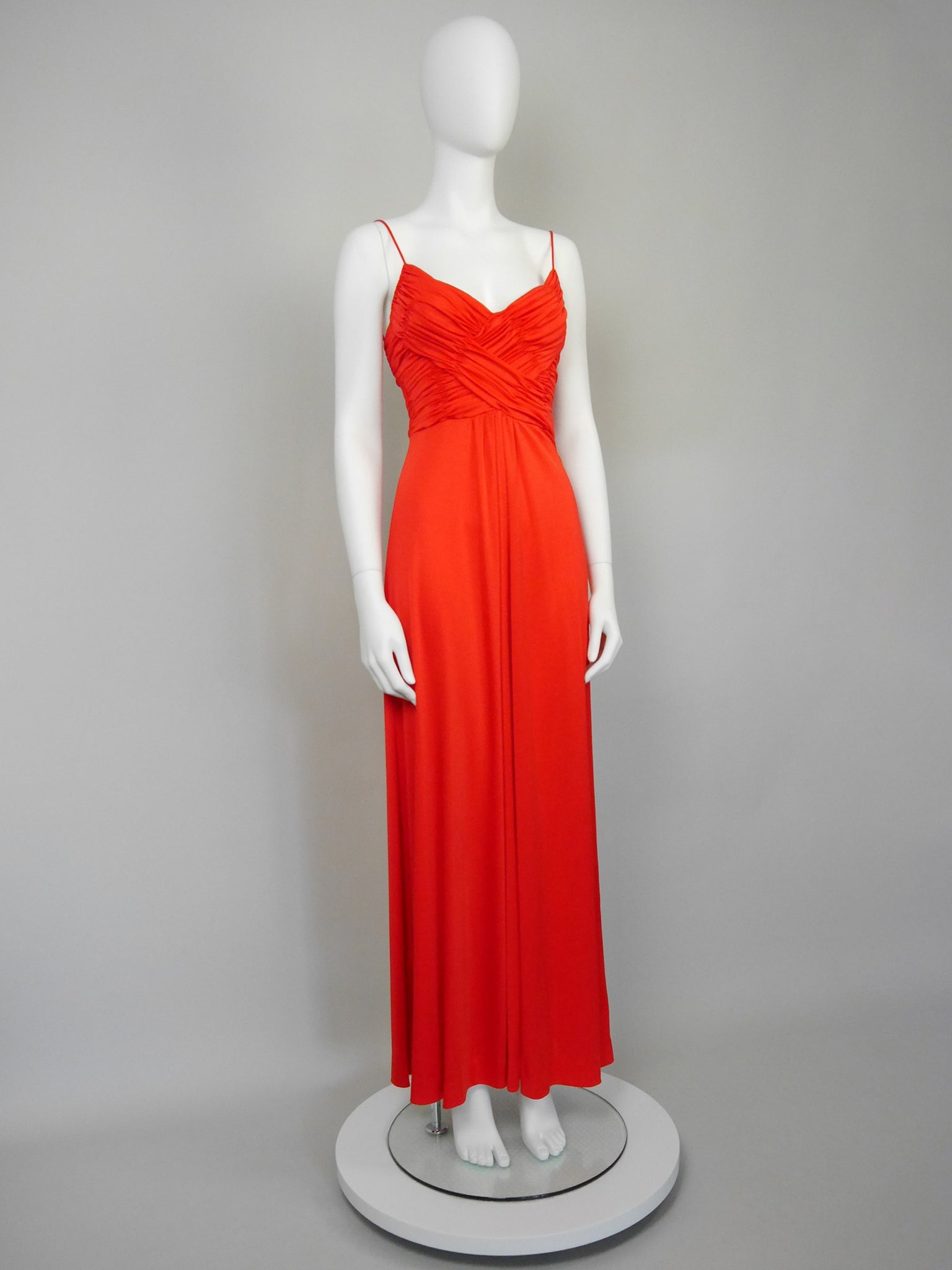 LORIS AZZARO 1970s Vintage Draped Red Jersey Maxi Evening Dress Gown Size XS