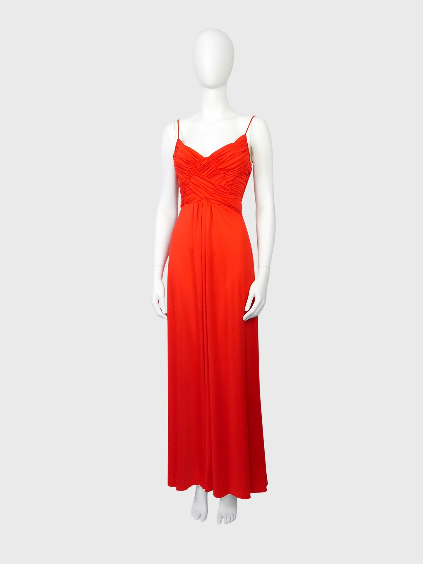 LORIS AZZARO 1970s Vintage Draped Red Jersey Maxi Evening Dress Gown Size XS