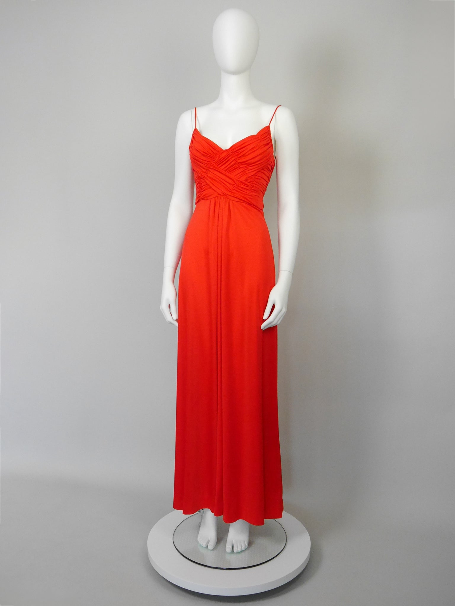 LORIS AZZARO 1970s Vintage Draped Red Jersey Maxi Evening Dress Gown Size XS