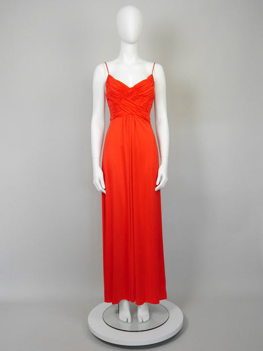 LORIS AZZARO 1970s Vintage Draped Red Jersey Maxi Evening Dress Gown Size XS