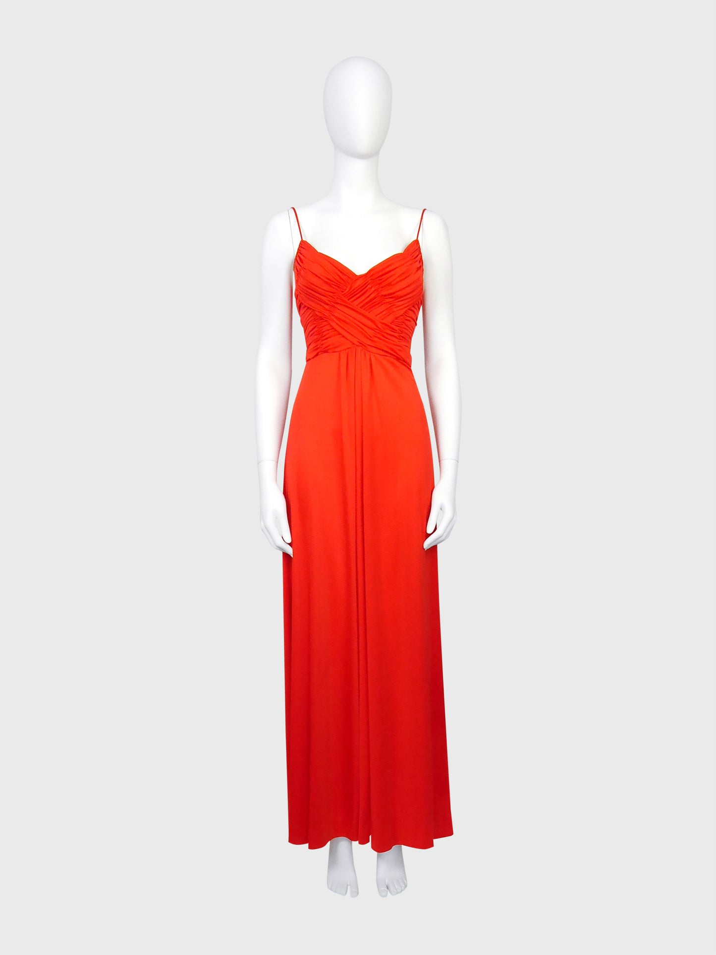 LORIS AZZARO 1970s Vintage Draped Red Jersey Maxi Evening Dress Gown Size XS