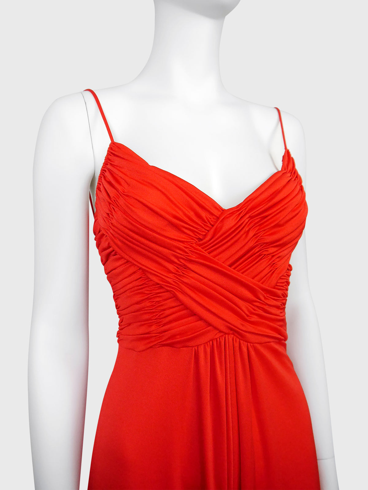 LORIS AZZARO 1970s Vintage Draped Red Jersey Maxi Evening Dress Gown Size XS