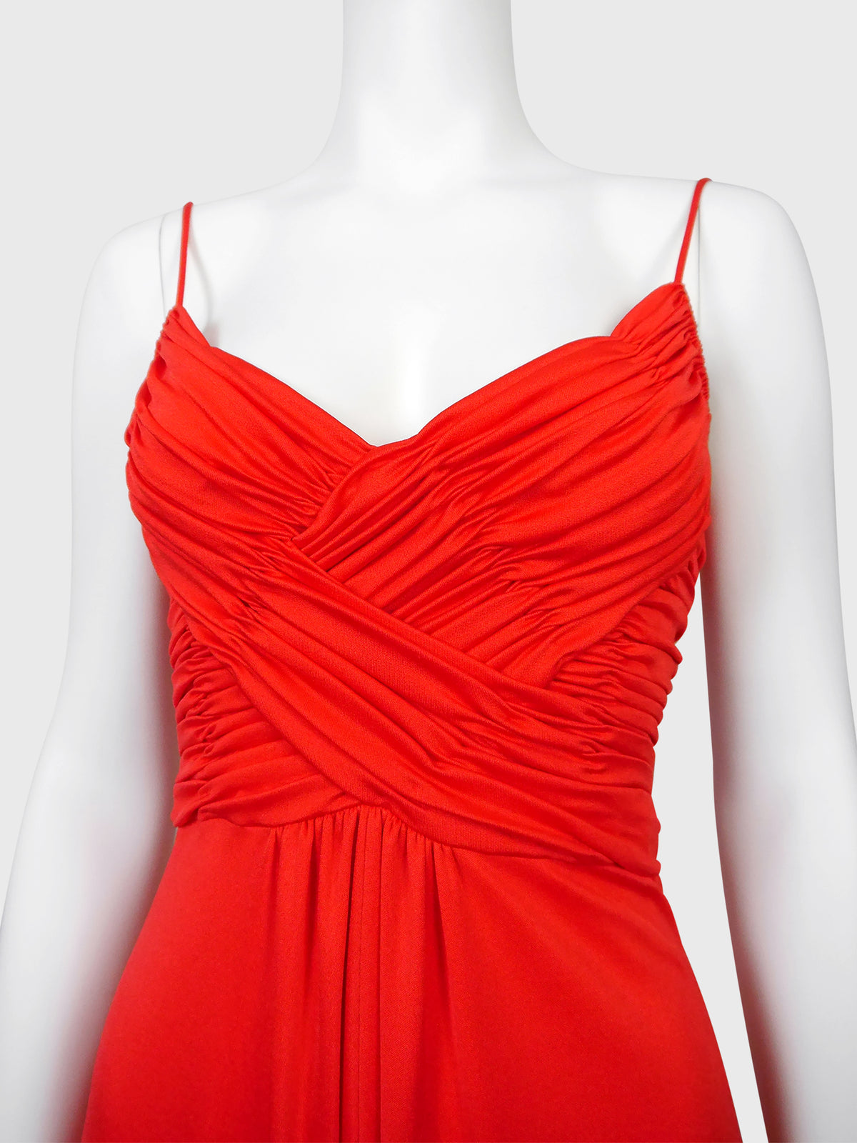 LORIS AZZARO 1970s Vintage Draped Red Jersey Maxi Evening Dress Gown Size XS