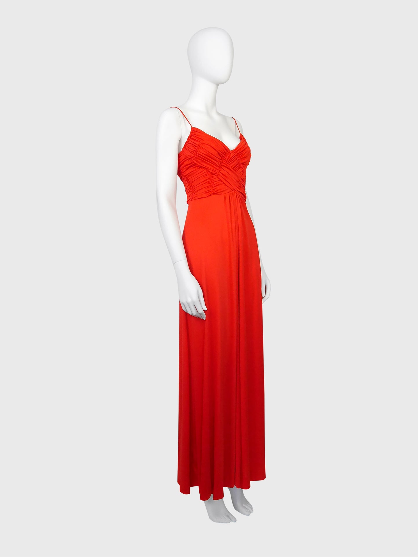 LORIS AZZARO 1970s Vintage Draped Red Jersey Maxi Evening Dress Gown Size XS