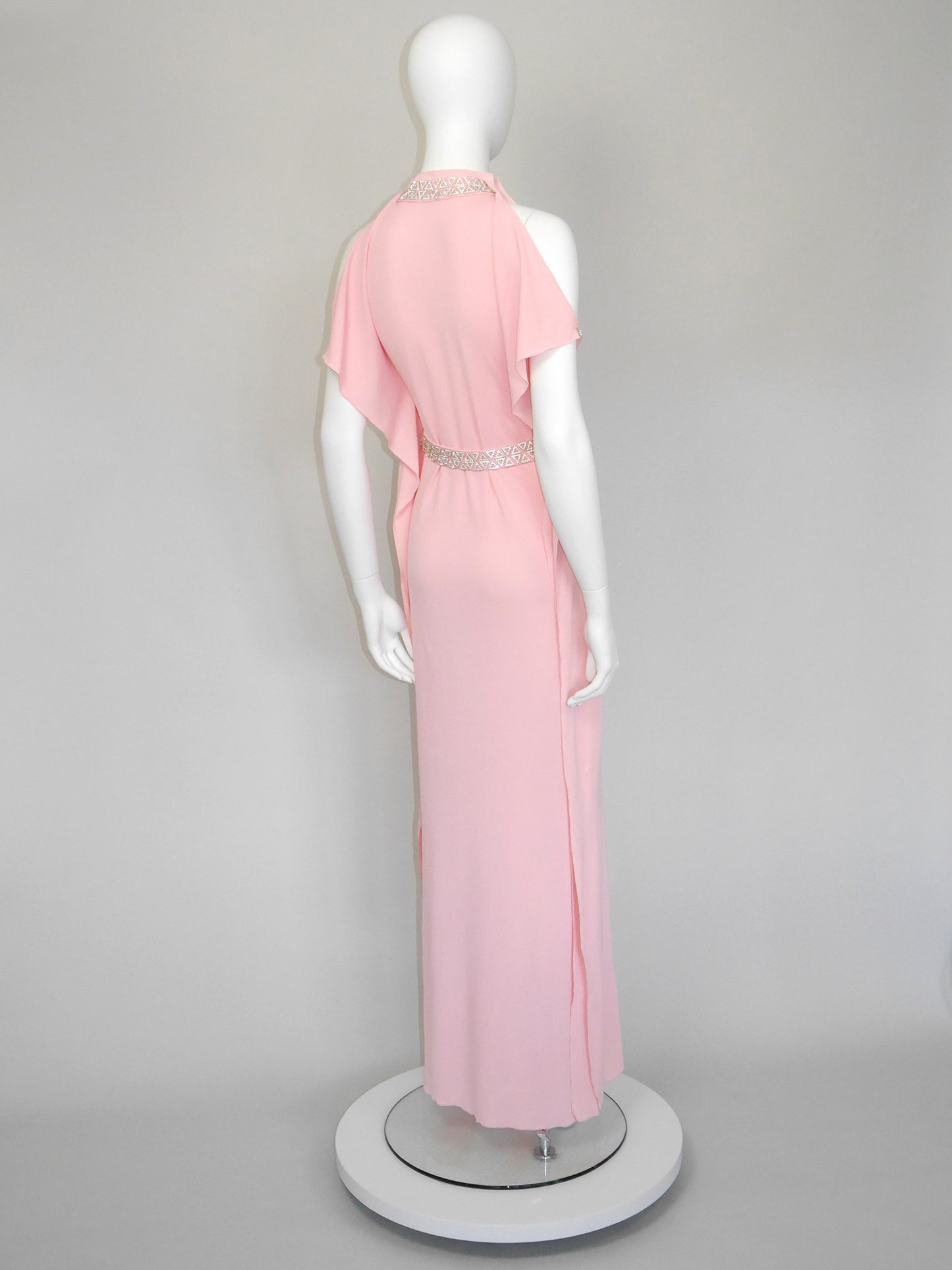 LORIS AZZARO 1970s Vintage Pink Silk Goddess Evening Gown w/ Rhinestone Belt Size S