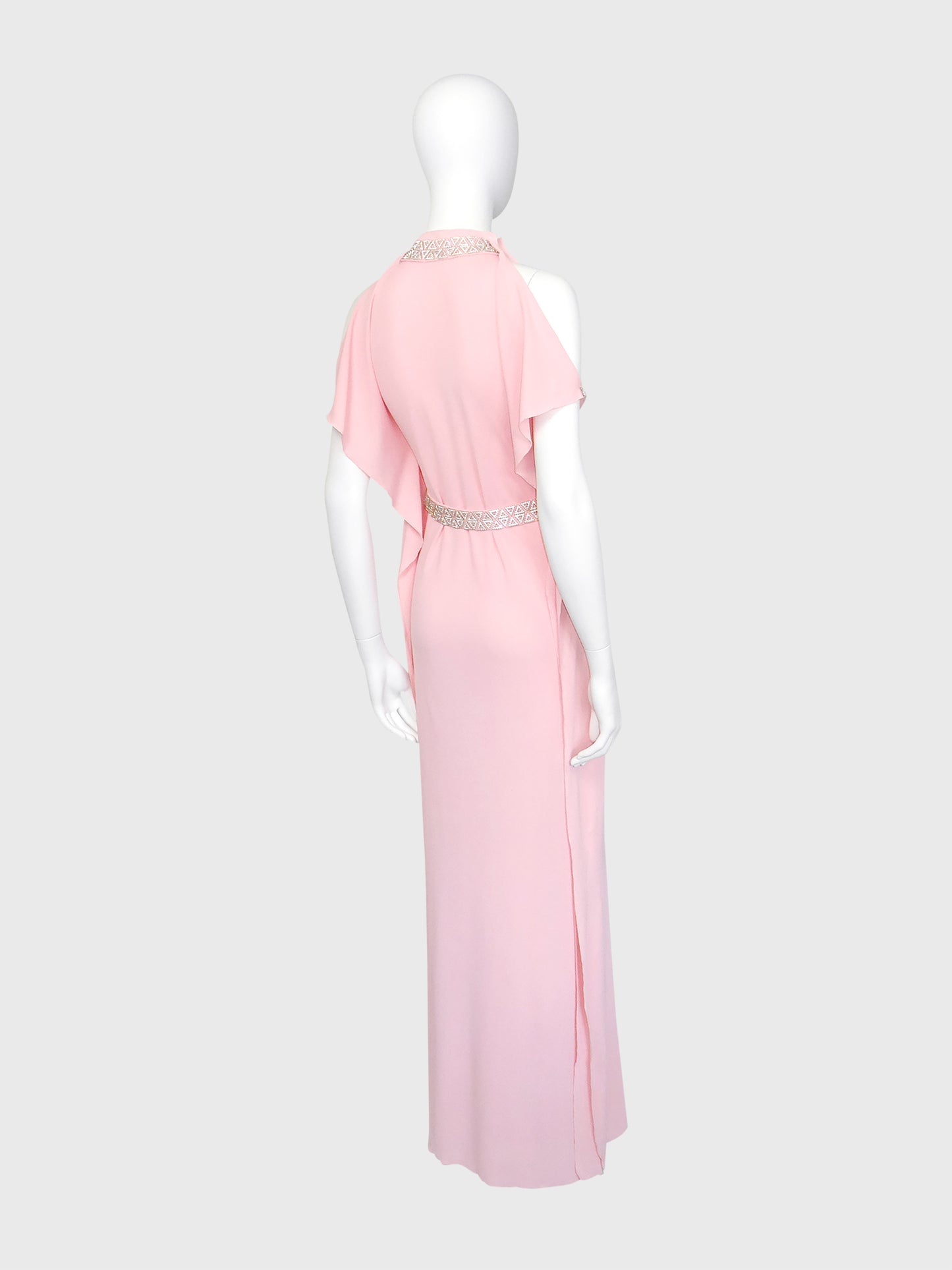 LORIS AZZARO c. 1973 Vintage Pink Silk Goddess Evening Gown w/ Rhinestone Details Size S