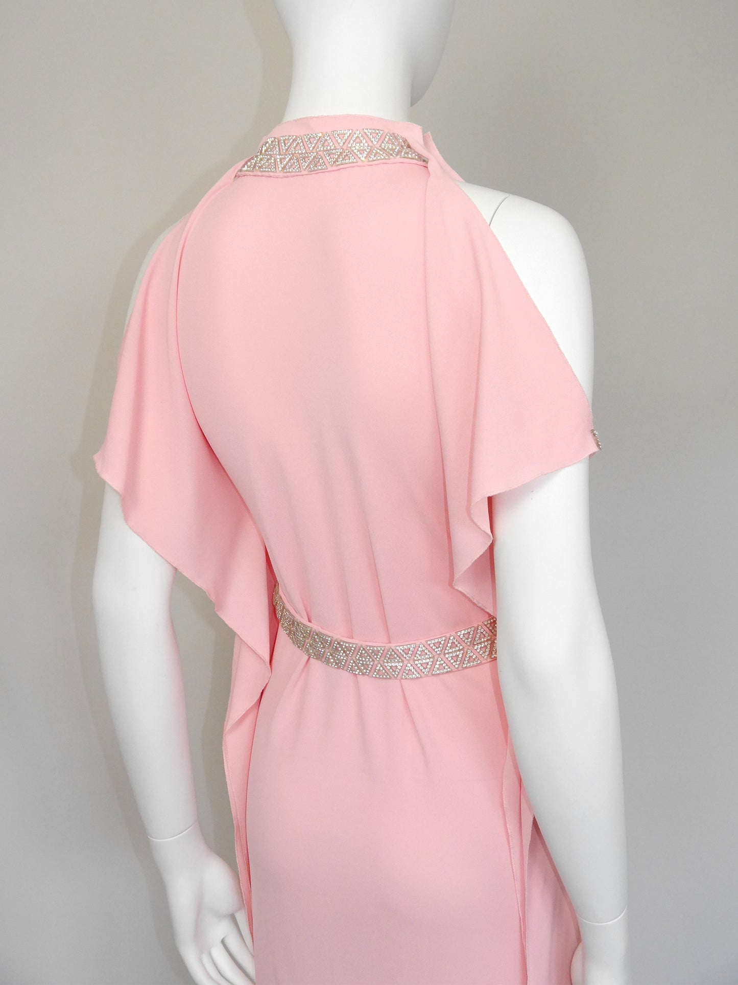 LORIS AZZARO 1970s Vintage Pink Silk Goddess Evening Gown w/ Rhinestone Belt Size S