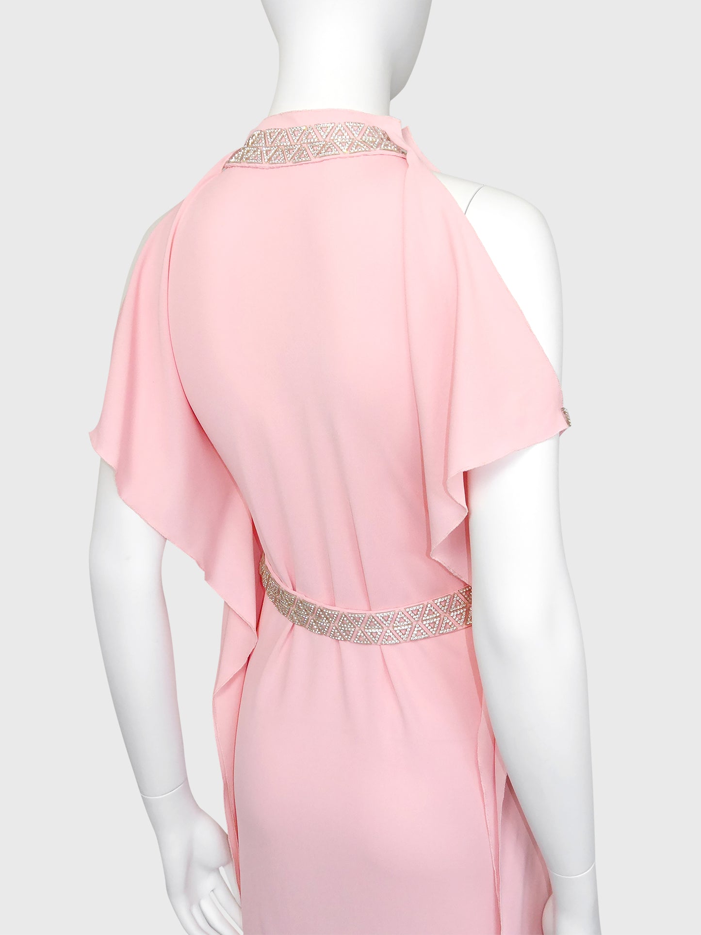 LORIS AZZARO c. 1973 Vintage Pink Silk Goddess Evening Gown w/ Rhinestone Details Size S