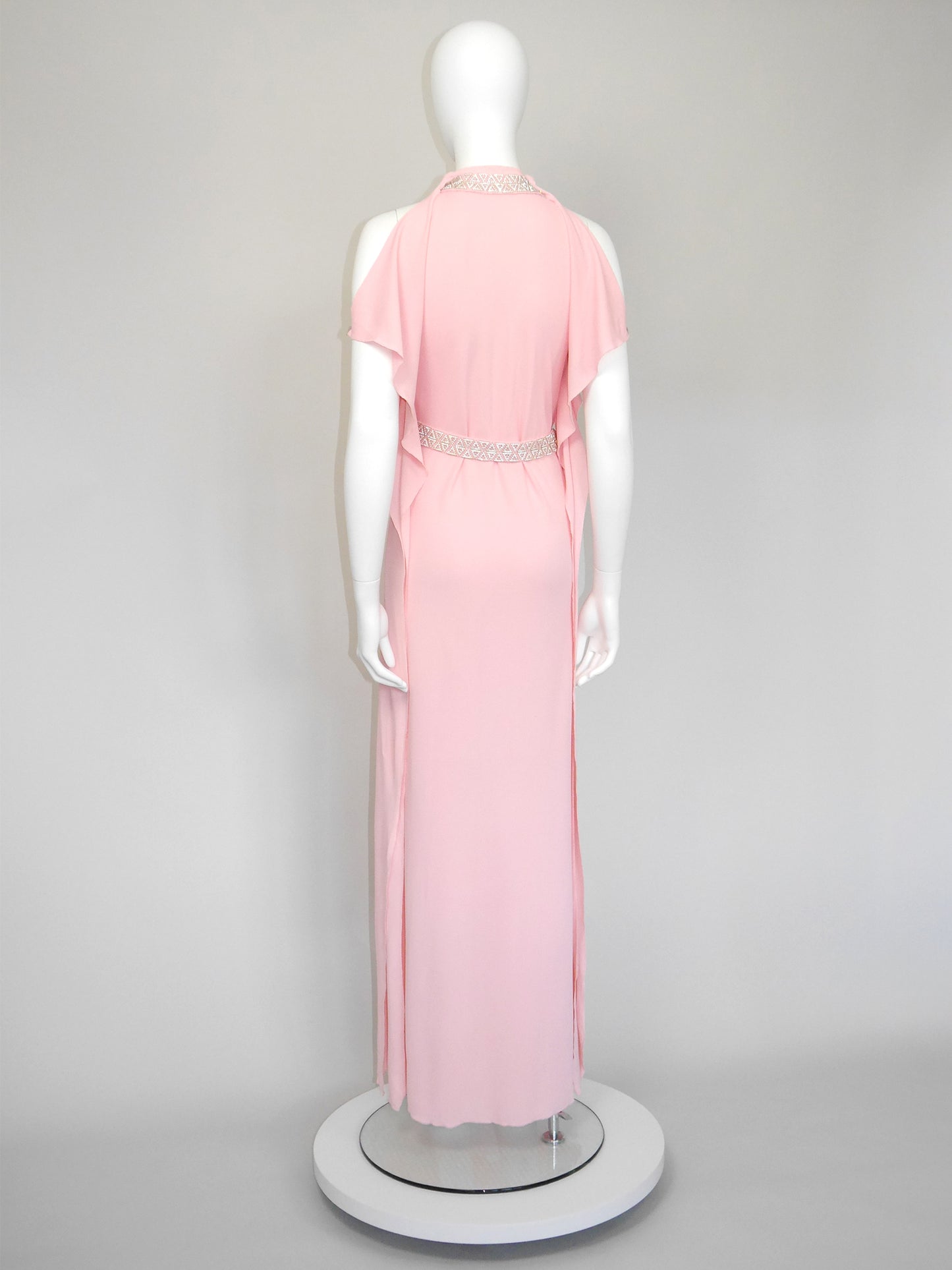 LORIS AZZARO 1970s Vintage Pink Silk Goddess Evening Gown w/ Rhinestone Belt Size S