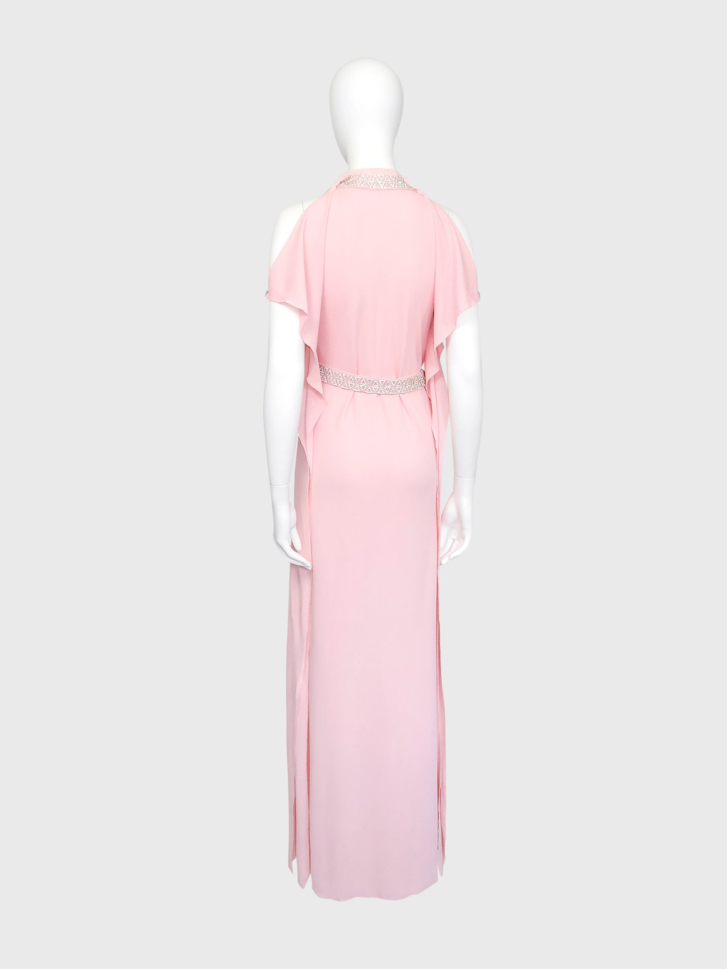 LORIS AZZARO c. 1973 Vintage Pink Silk Goddess Evening Gown w/ Rhinestone Details Size S