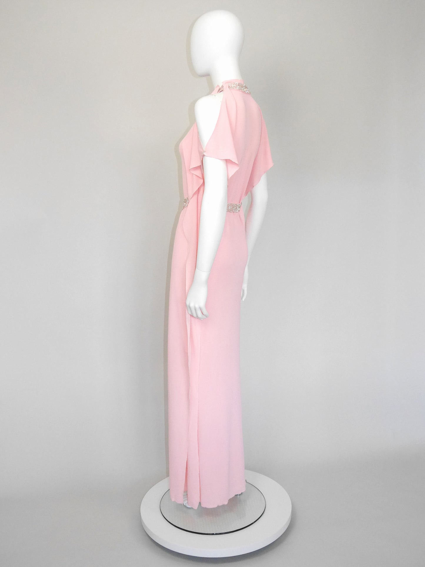 LORIS AZZARO 1970s Vintage Pink Silk Goddess Evening Gown w/ Rhinestone Belt Size S