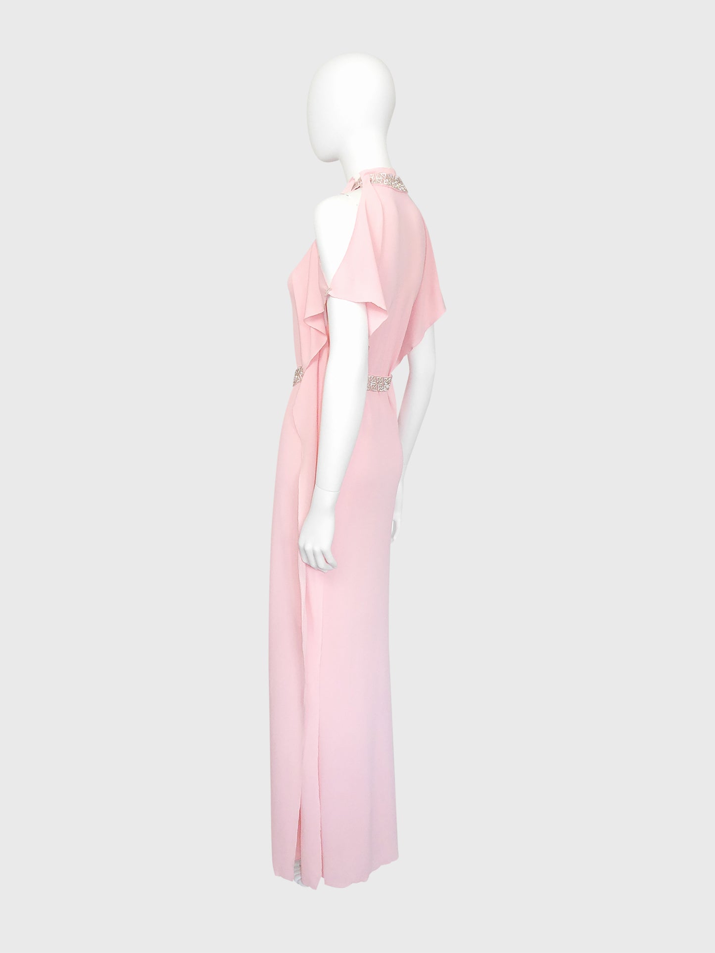 LORIS AZZARO c. 1973 Vintage Pink Silk Goddess Evening Gown w/ Rhinestone Details Size S