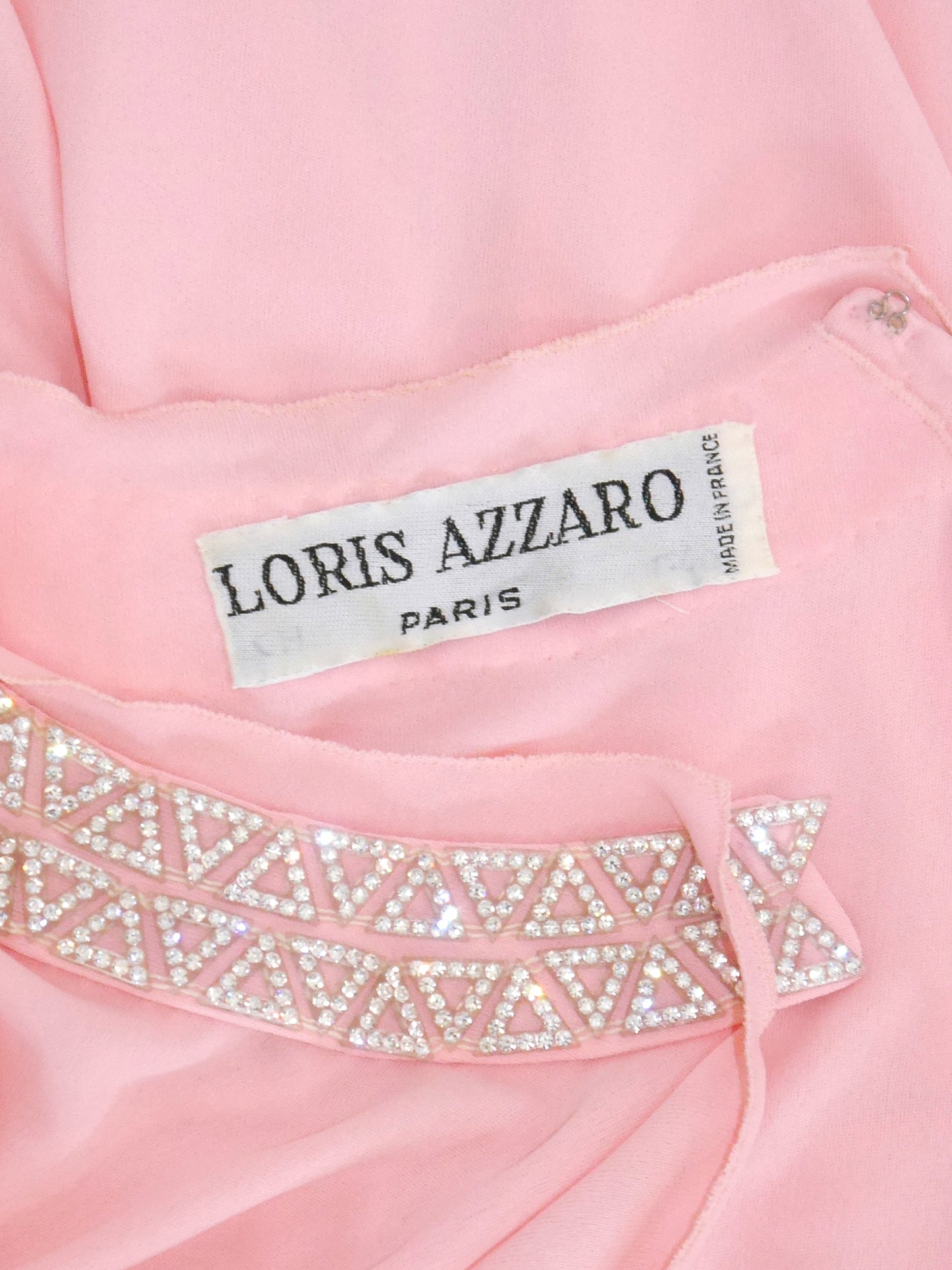 LORIS AZZARO c. 1973 Vintage Pink Silk Goddess Evening Gown w/ Rhinestone Details Size S