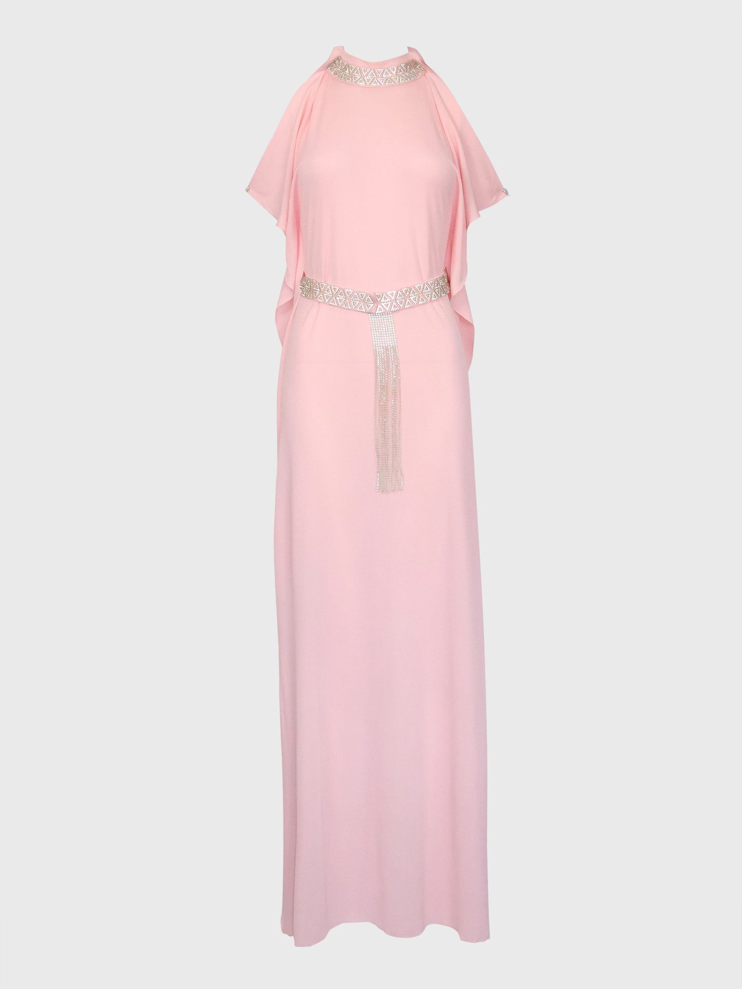 LORIS AZZARO 1970s Vintage Pink Silk Goddess Evening Gown w/ Rhinestone Belt Size S