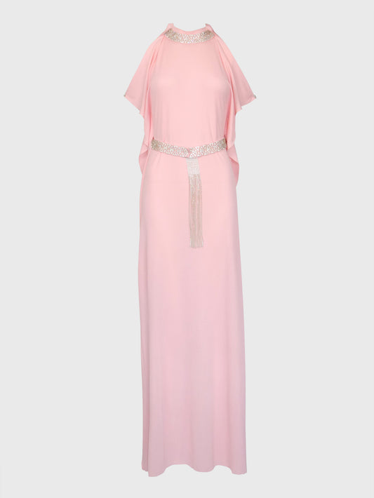 LORIS AZZARO 1970s Vintage Pink Silk Goddess Evening Gown w/ Rhinestone Belt Size S