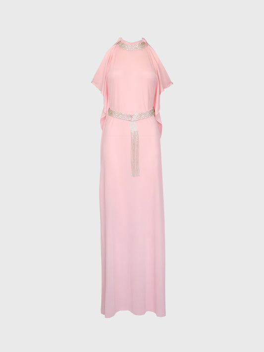LORIS AZZARO 1970s Vintage Pink Silk Goddess Evening Gown w/ Rhinestone Details Size S