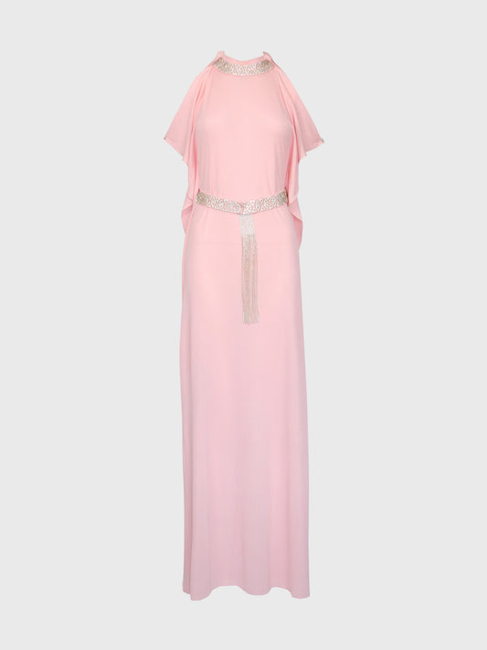 LORIS AZZARO 1970s Vintage Pink Silk Goddess Evening Gown w/ Rhinestone Details Size S