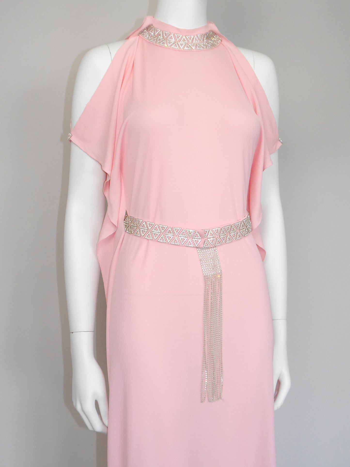 LORIS AZZARO 1970s Vintage Pink Silk Goddess Evening Gown w/ Rhinestone Belt Size S