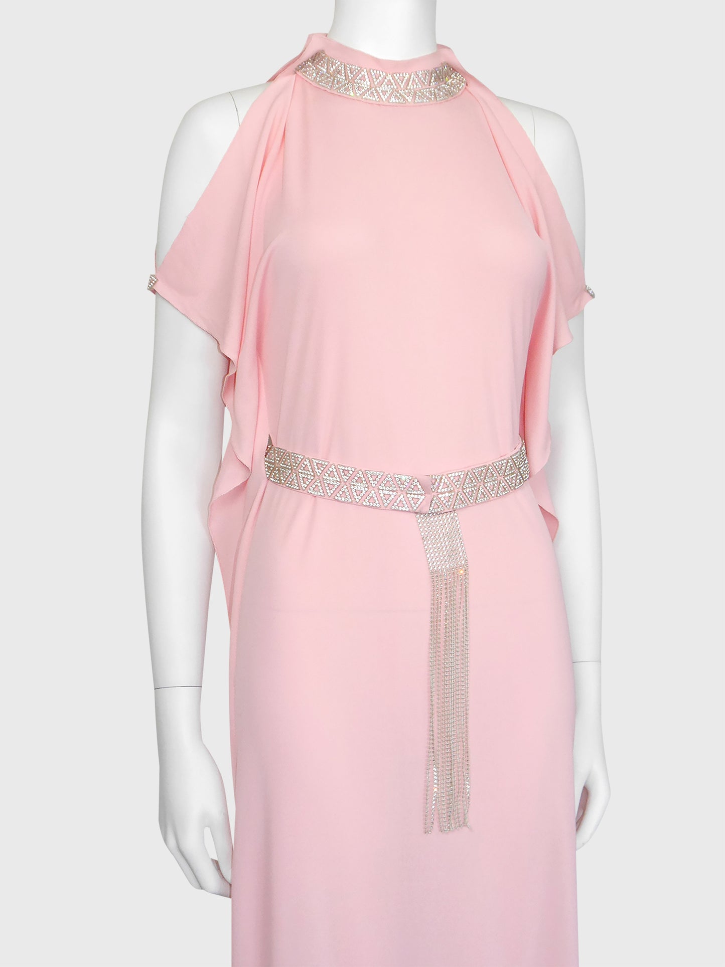 LORIS AZZARO c. 1973 Vintage Pink Silk Goddess Evening Gown w/ Rhinestone Details Size S