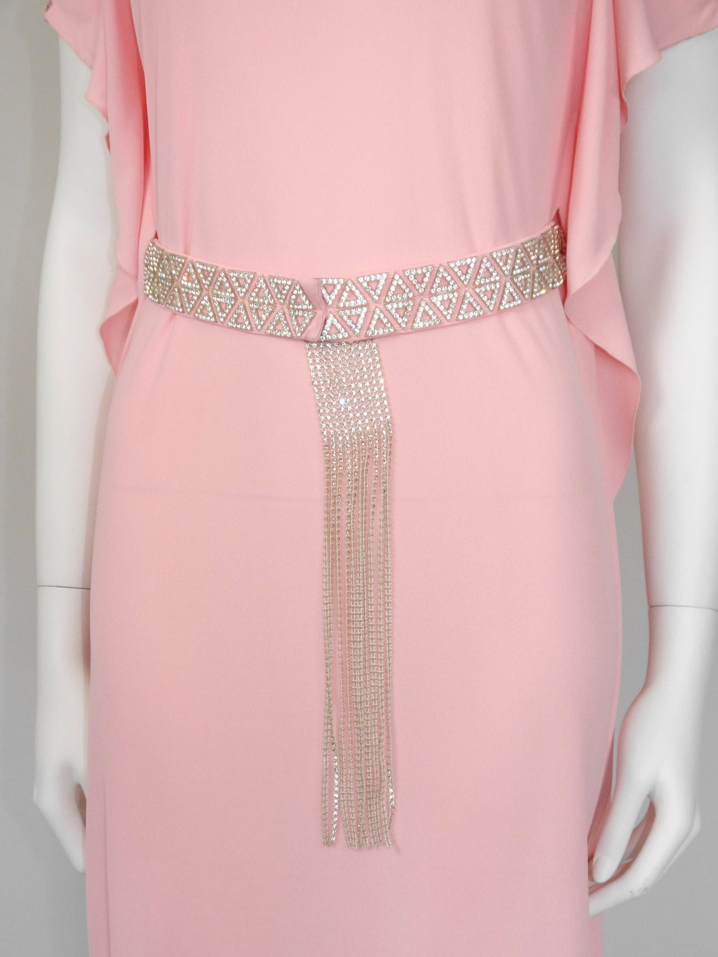 LORIS AZZARO 1970s Vintage Pink Silk Goddess Evening Gown w/ Rhinestone Belt Size S