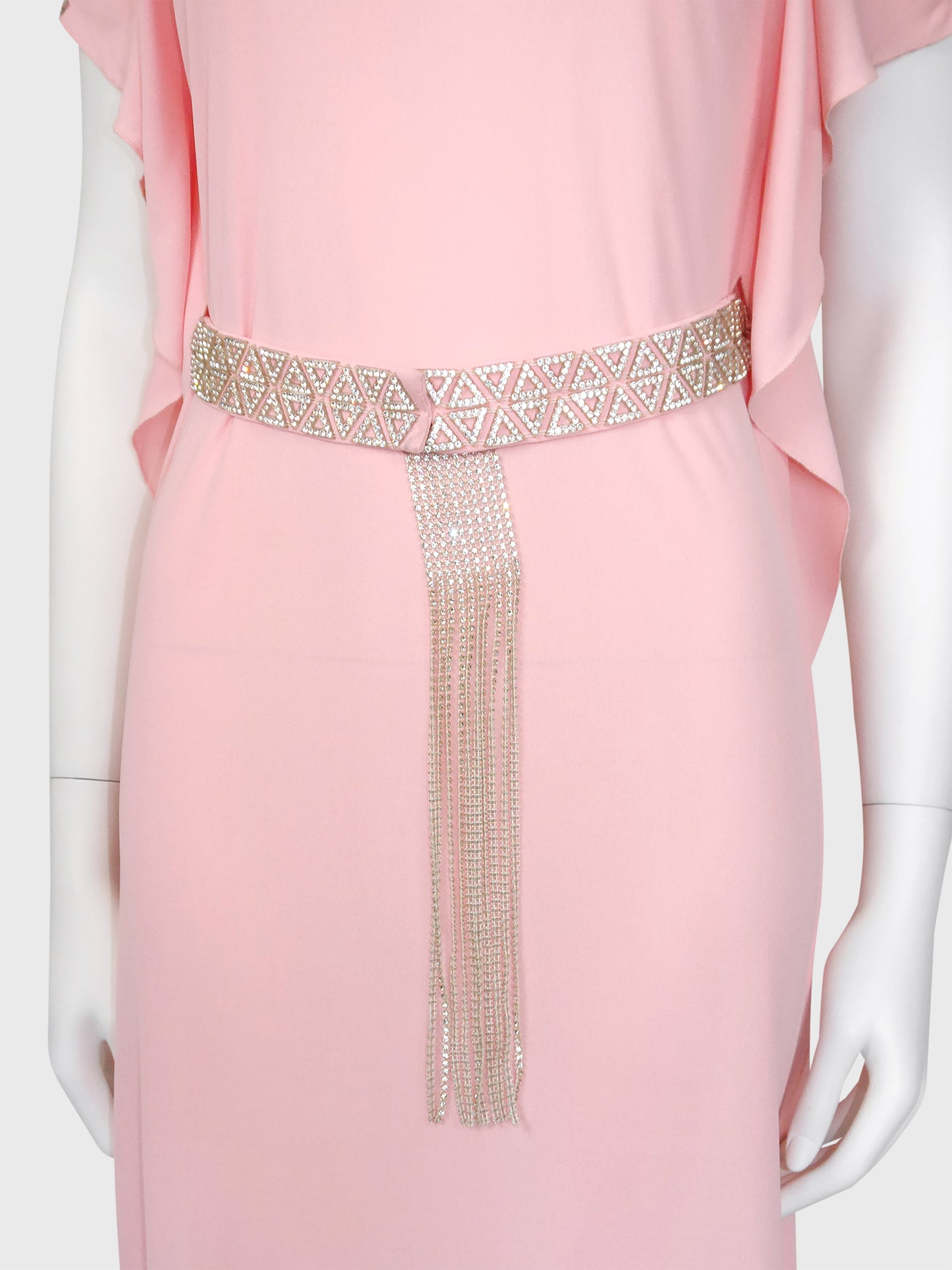 LORIS AZZARO c. 1973 Vintage Pink Silk Goddess Evening Gown w/ Rhinestone Details Size S