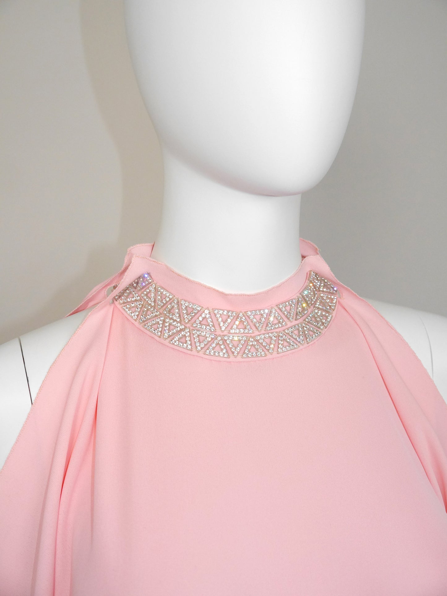 LORIS AZZARO 1970s Vintage Pink Silk Goddess Evening Gown w/ Rhinestone Belt Size S