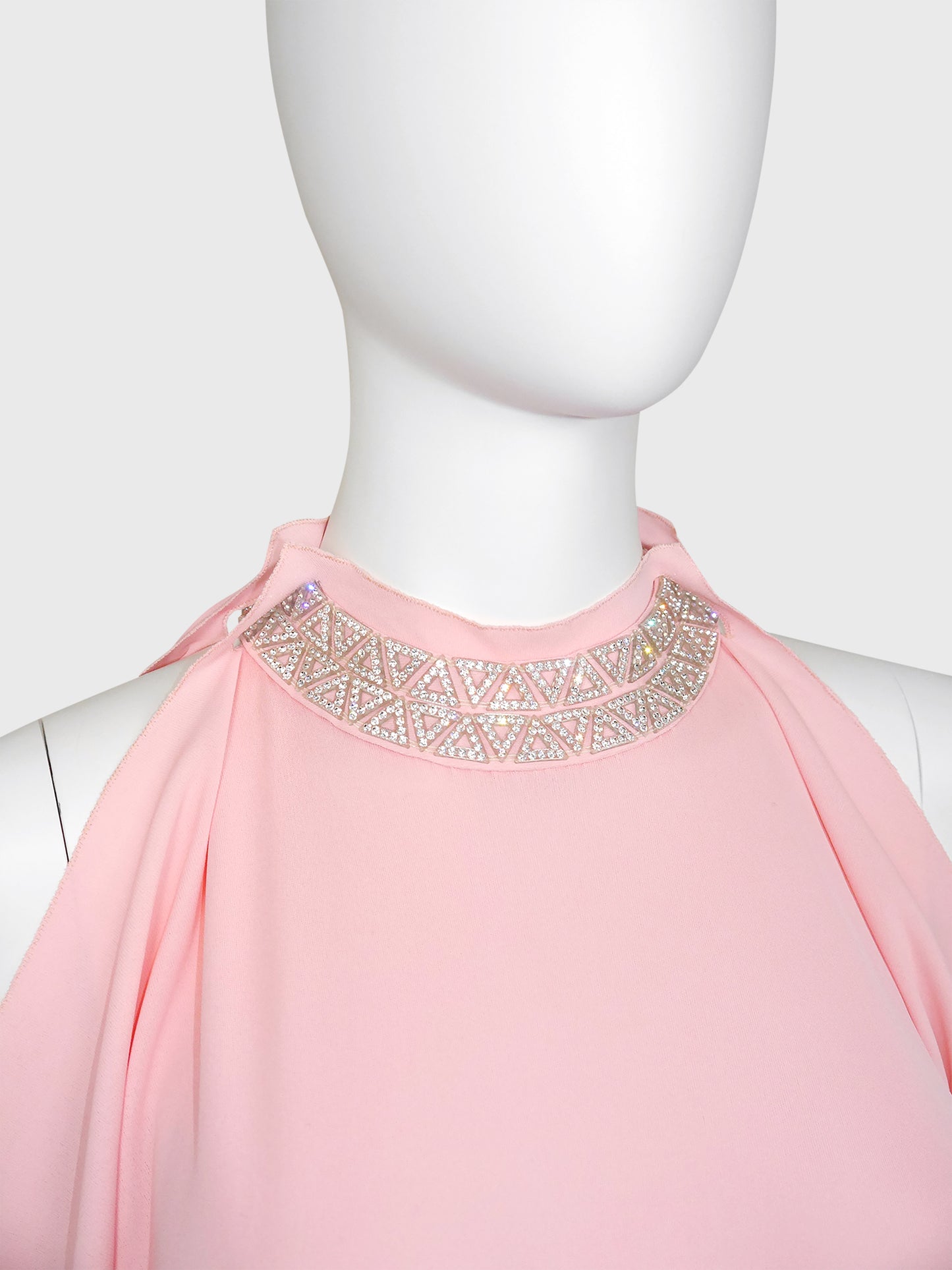 LORIS AZZARO c. 1973 Vintage Pink Silk Goddess Evening Gown w/ Rhinestone Details Size S