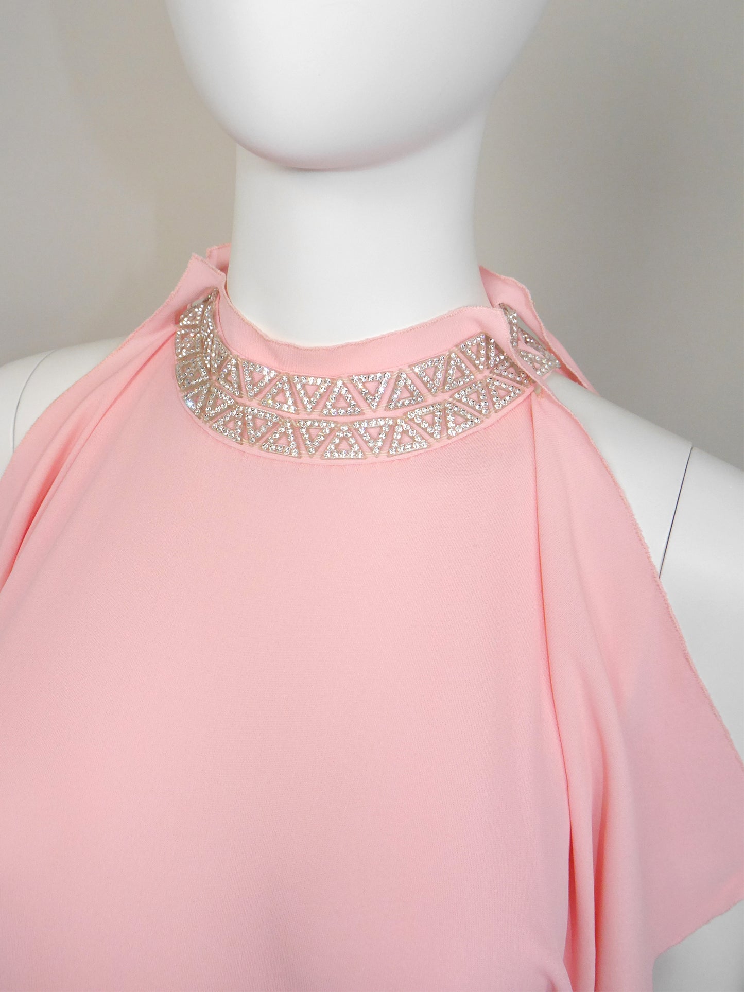 LORIS AZZARO 1970s Vintage Pink Silk Goddess Evening Gown w/ Rhinestone Belt Size S