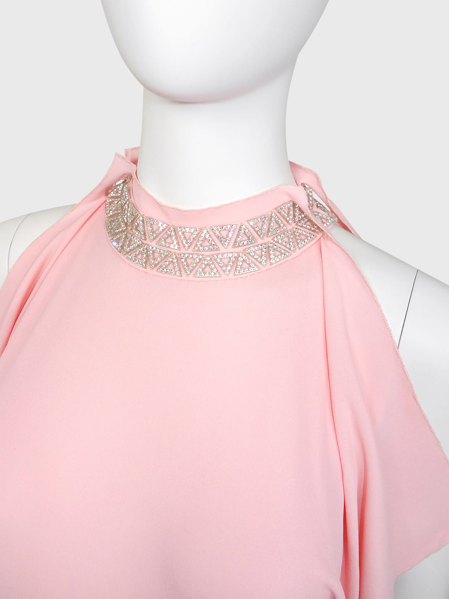 LORIS AZZARO c. 1973 Vintage Pink Silk Goddess Evening Gown w/ Rhinestone Details Size S