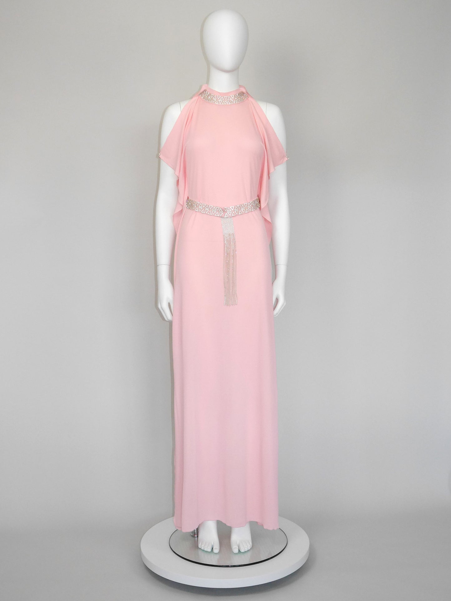 LORIS AZZARO 1970s Vintage Pink Silk Goddess Evening Gown w/ Rhinestone Belt Size S
