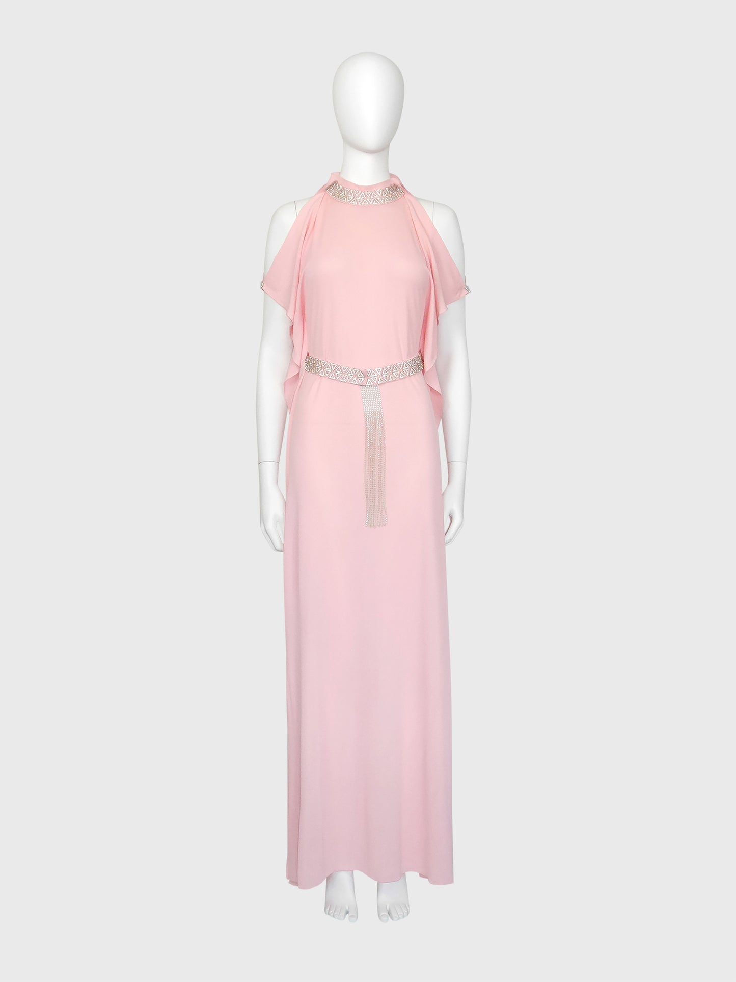LORIS AZZARO c. 1973 Vintage Pink Silk Goddess Evening Gown w/ Rhinestone Details Size S