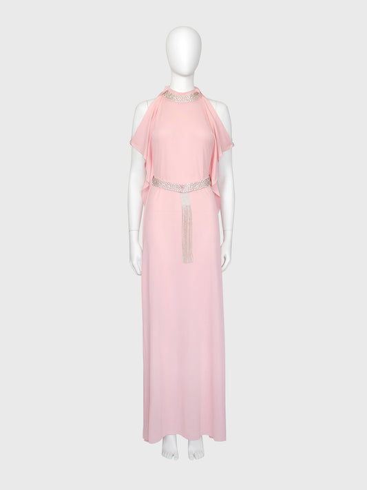 LORIS AZZARO c. 1973 Vintage Pink Silk Goddess Evening Gown w/ Rhinestone Details Size S