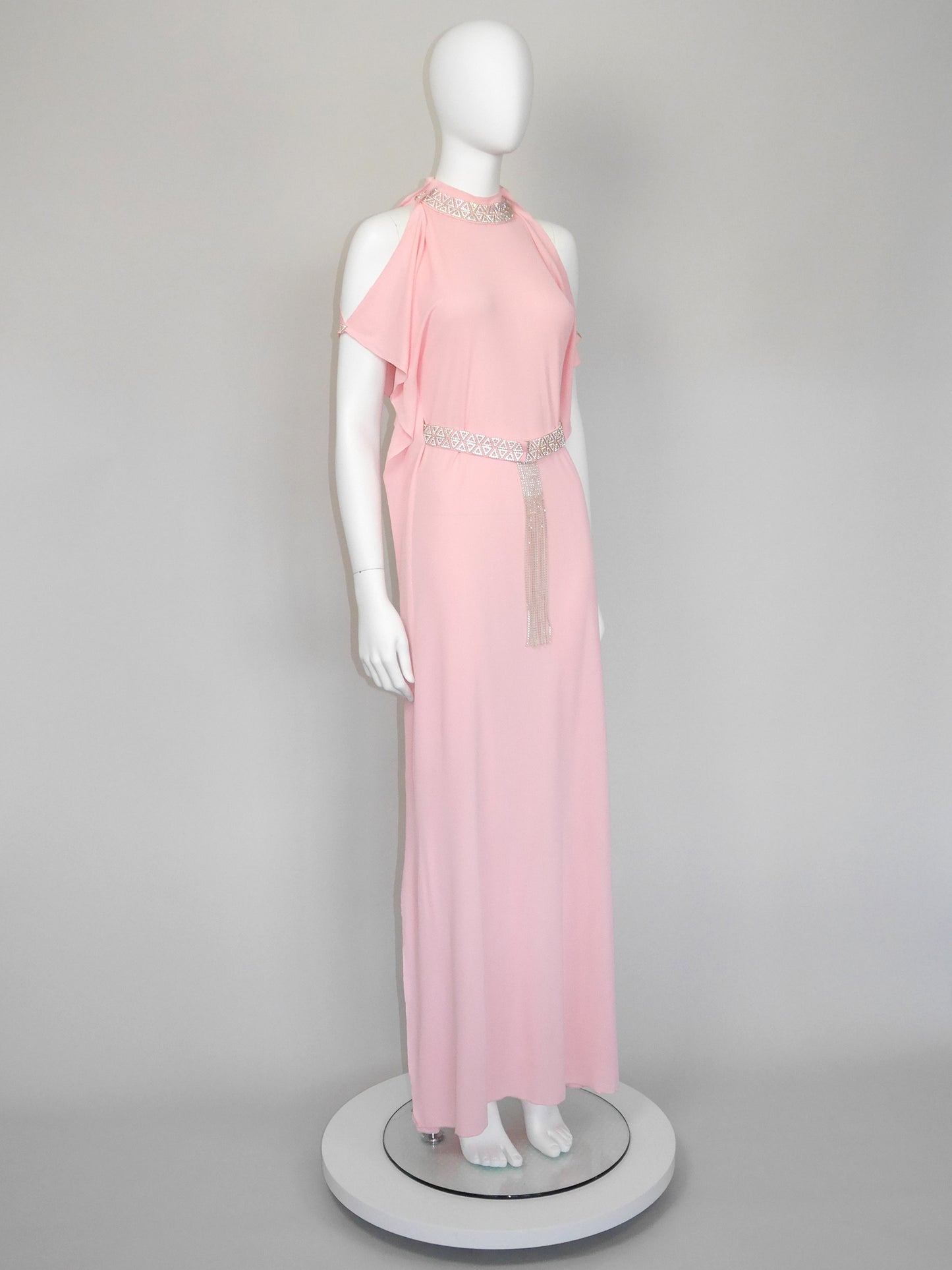 LORIS AZZARO 1970s Vintage Pink Silk Goddess Evening Gown w/ Rhinestone Belt Size S