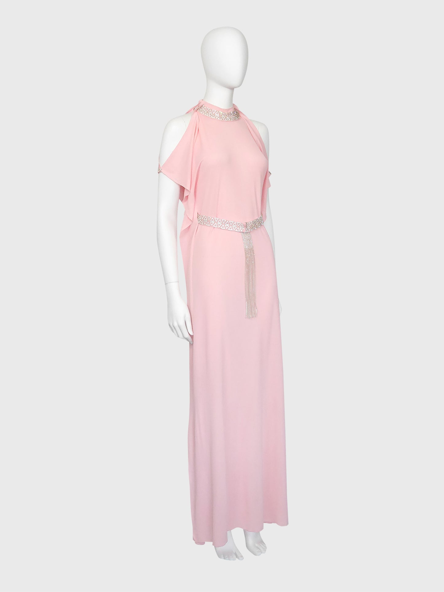 LORIS AZZARO c. 1973 Vintage Pink Silk Goddess Evening Gown w/ Rhinestone Details Size S
