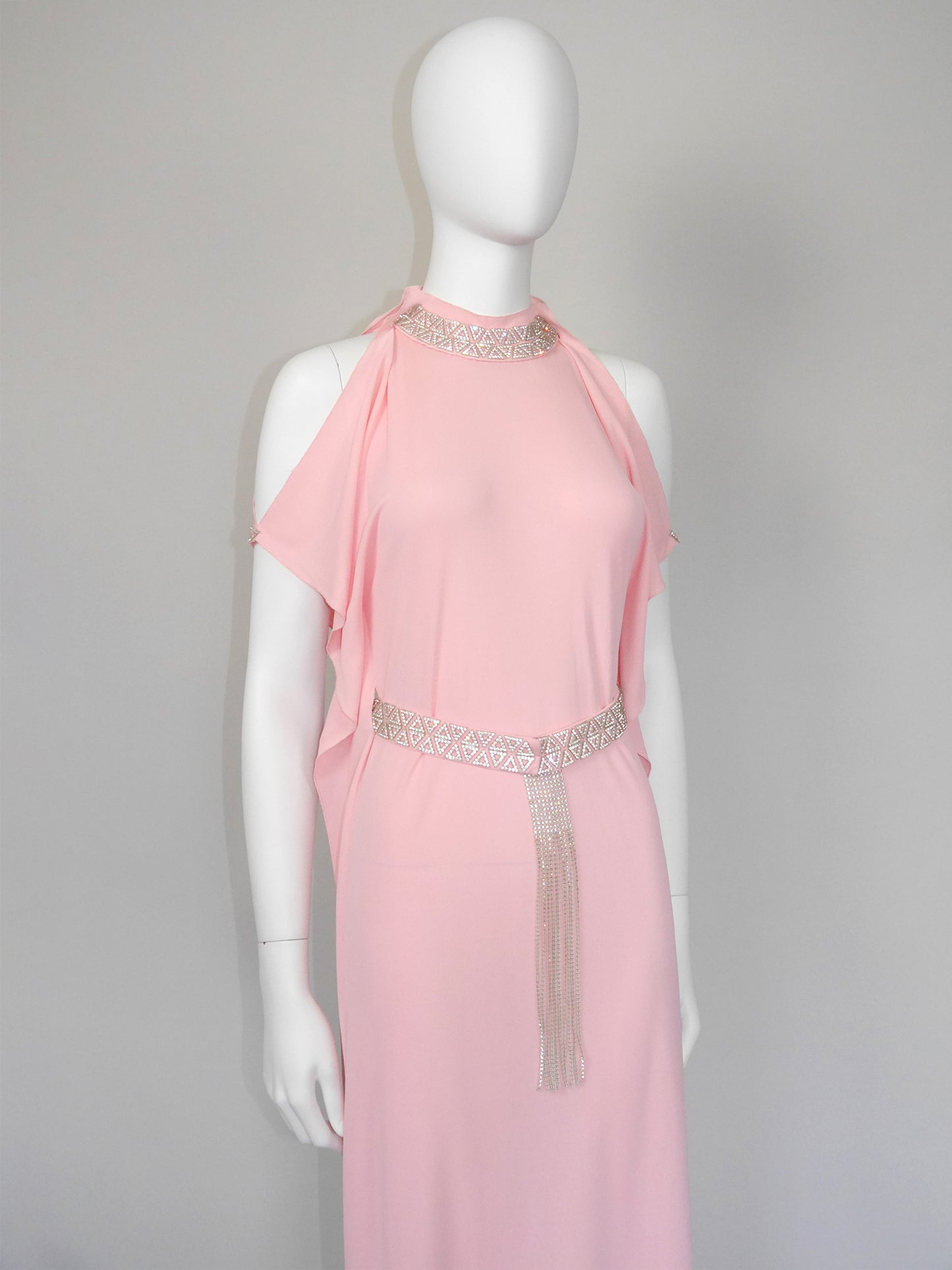 LORIS AZZARO 1970s Vintage Pink Silk Goddess Evening Gown w/ Rhinestone Belt Size S