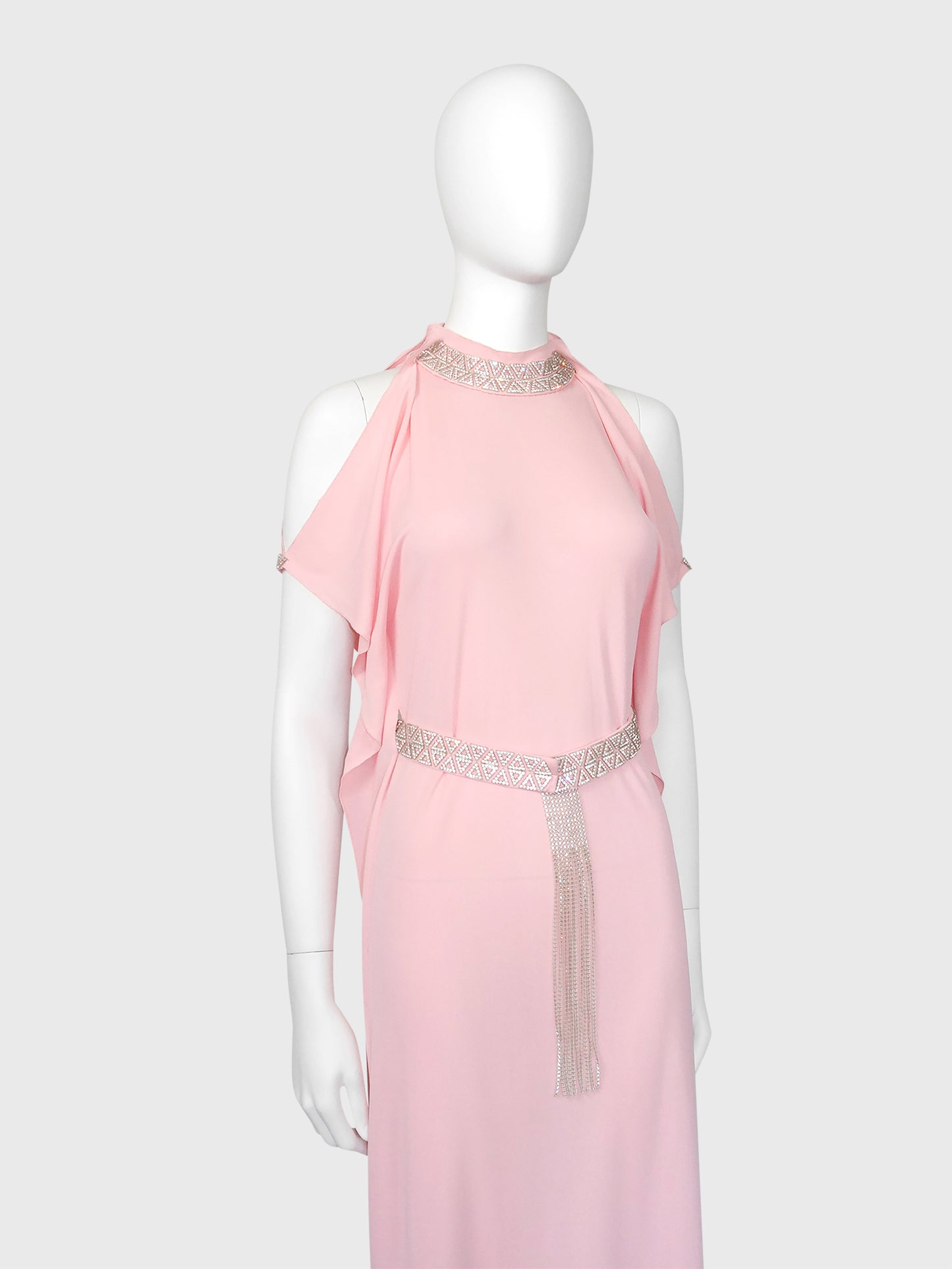 LORIS AZZARO c. 1973 Vintage Pink Silk Goddess Evening Gown w/ Rhinestone Details Size S