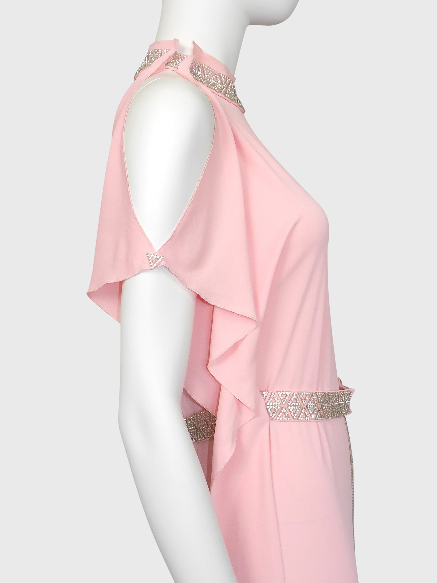 LORIS AZZARO c. 1973 Vintage Pink Silk Goddess Evening Gown w/ Rhinestone Details Size S