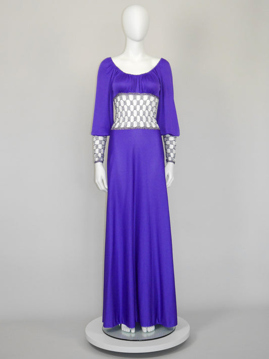 LORIS AZZARO 1970s Vintage Purple Crochet Chainmail Maxi Evening Gown Size S