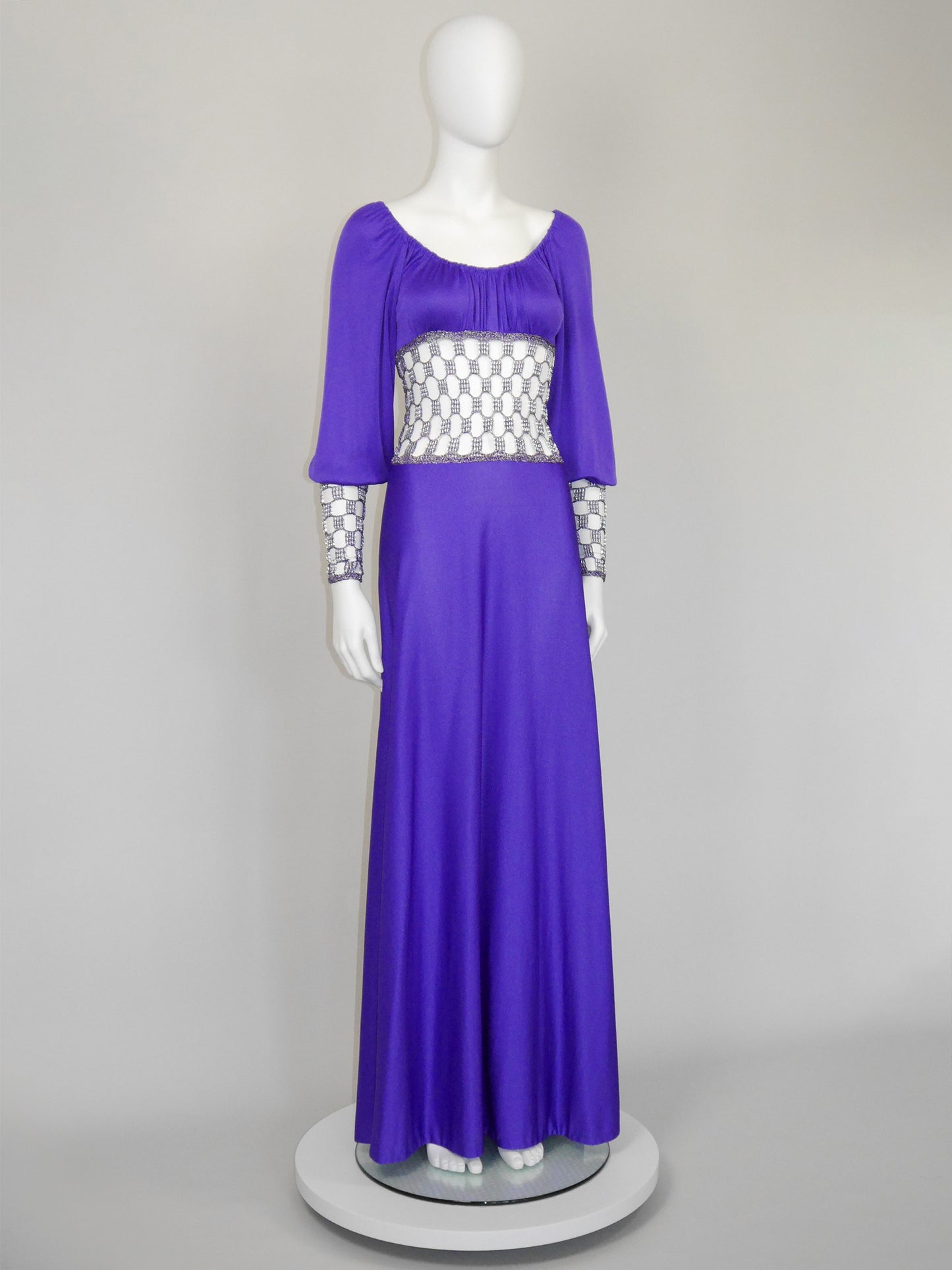 LORIS AZZARO 1970s Vintage Purple Crochet Chainmail Maxi Evening Gown Size S