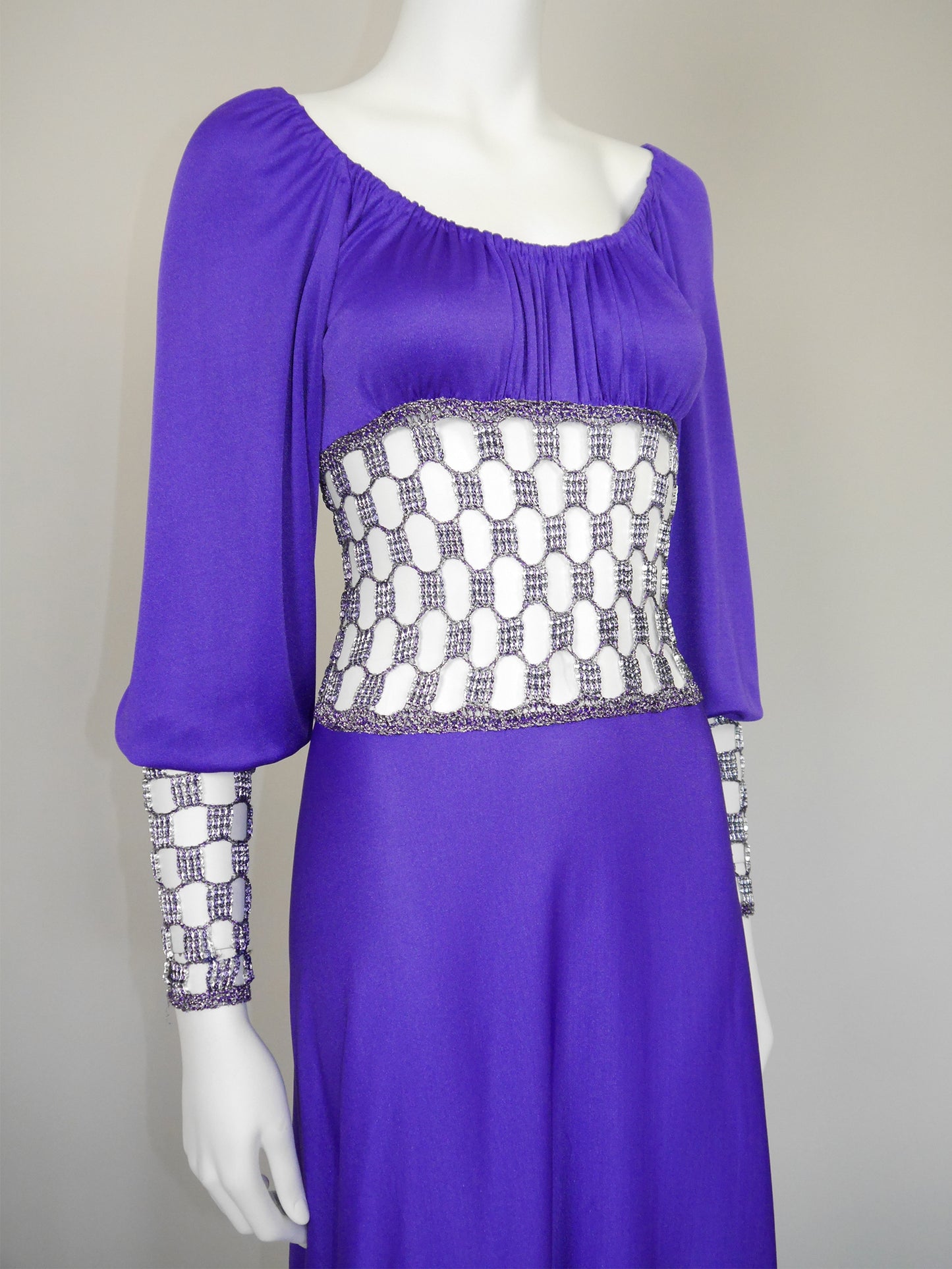 LORIS AZZARO 1970s Vintage Purple Crochet Chainmail Maxi Evening Gown Size S