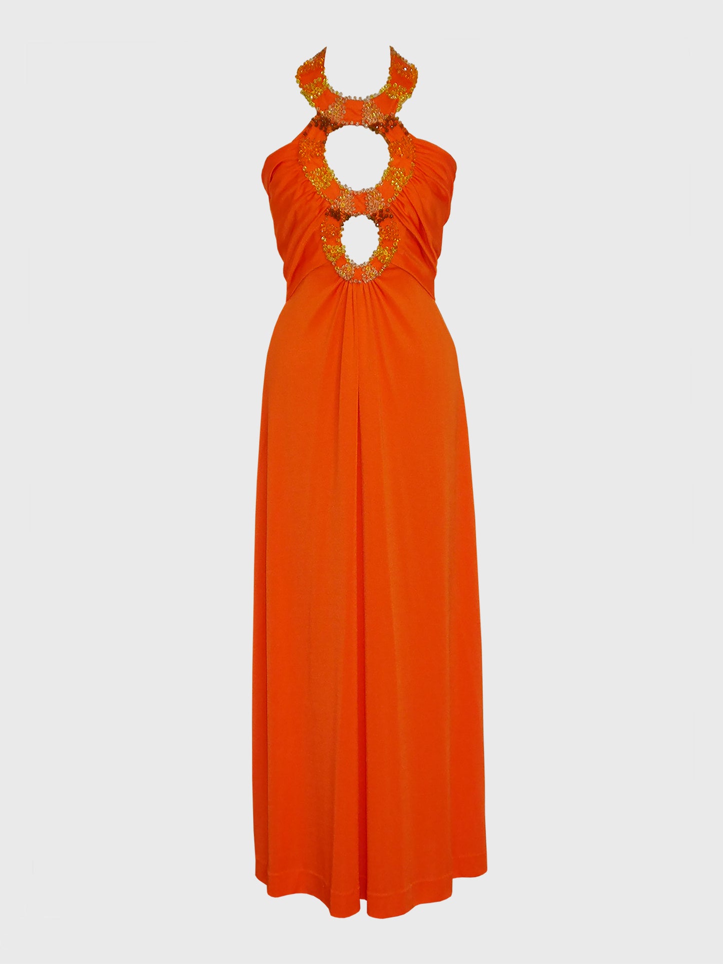 LORIS AZZARO c. 1972 Vintage "Three Rings" Orange Jersey Maxi Evening Dress