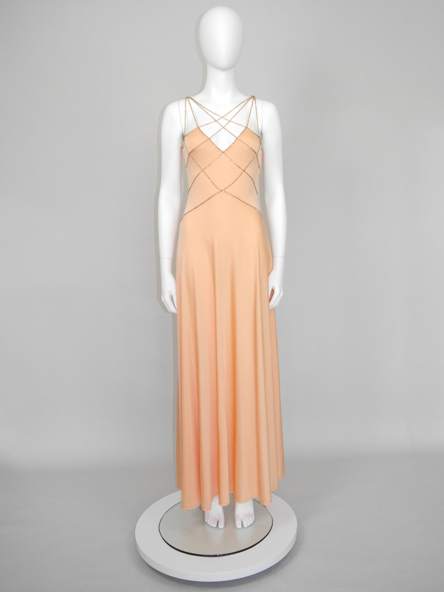 LORIS AZZARO c. 1976 Vintage Beaded Lattice Straps Maxi Evening Gown Size S