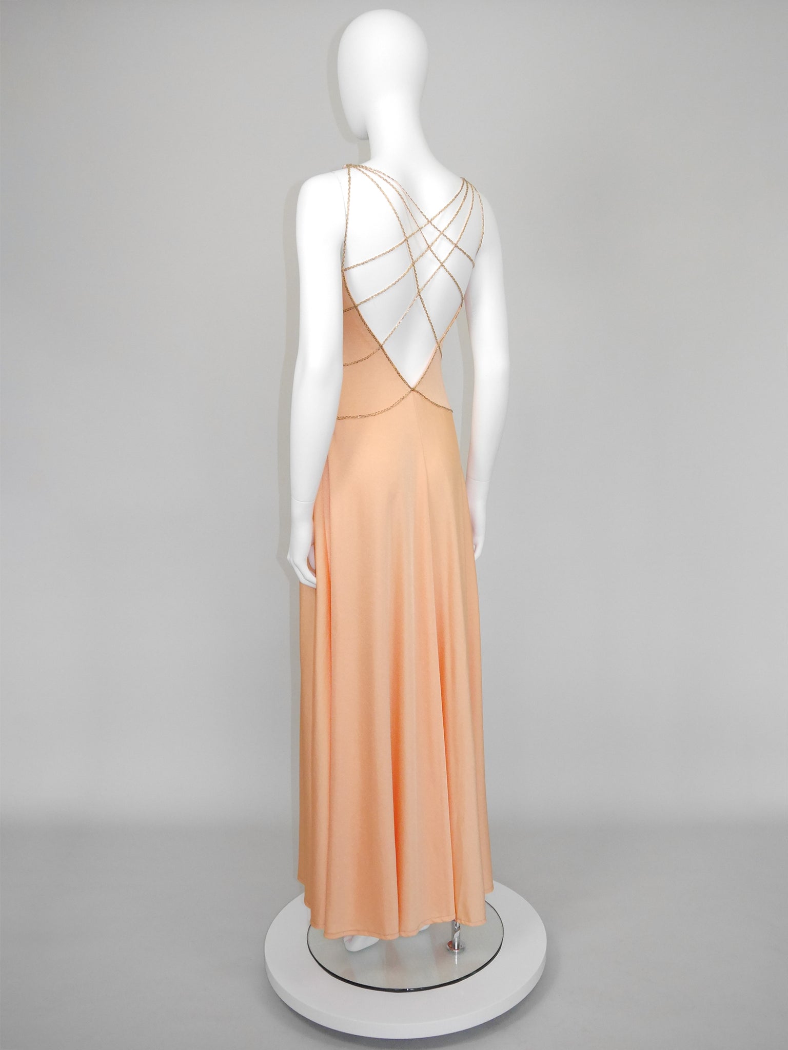 LORIS AZZARO c. 1976 Vintage Beaded Lattice Straps Maxi Evening Gown Size S