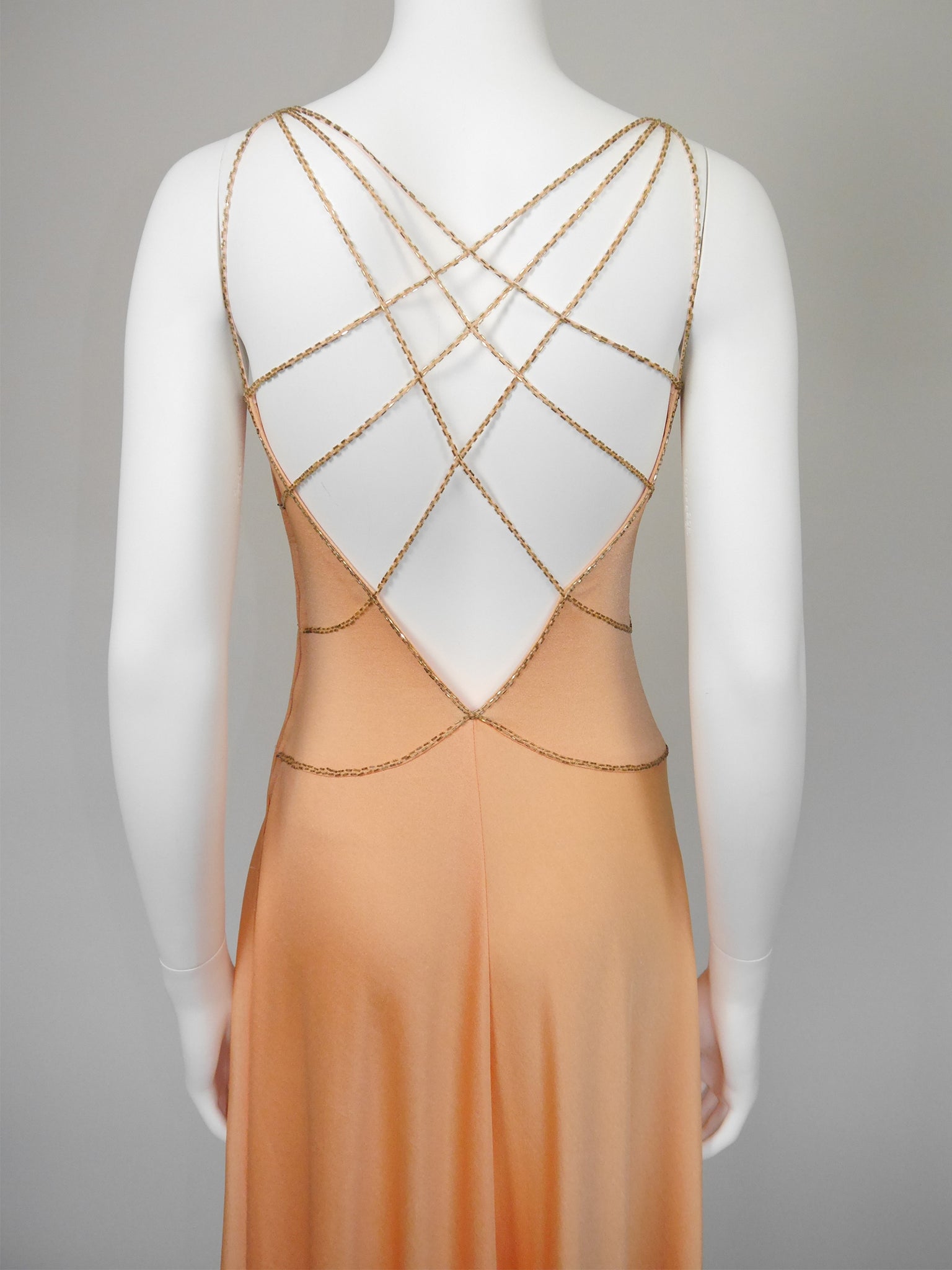 LORIS AZZARO c. 1976 Vintage Beaded Lattice Straps Maxi Evening Gown Size S
