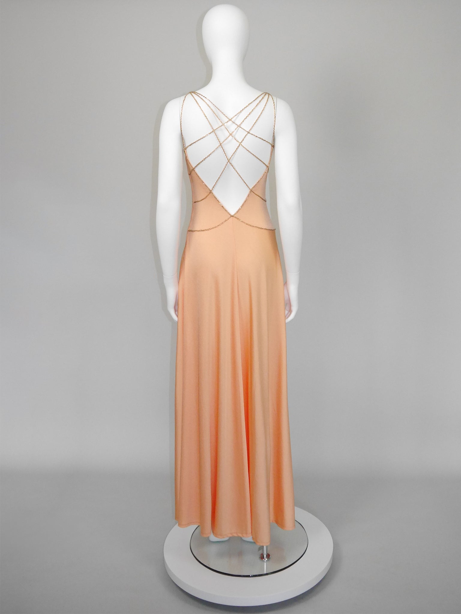 LORIS AZZARO c. 1976 Vintage Beaded Lattice Straps Maxi Evening Gown Size S