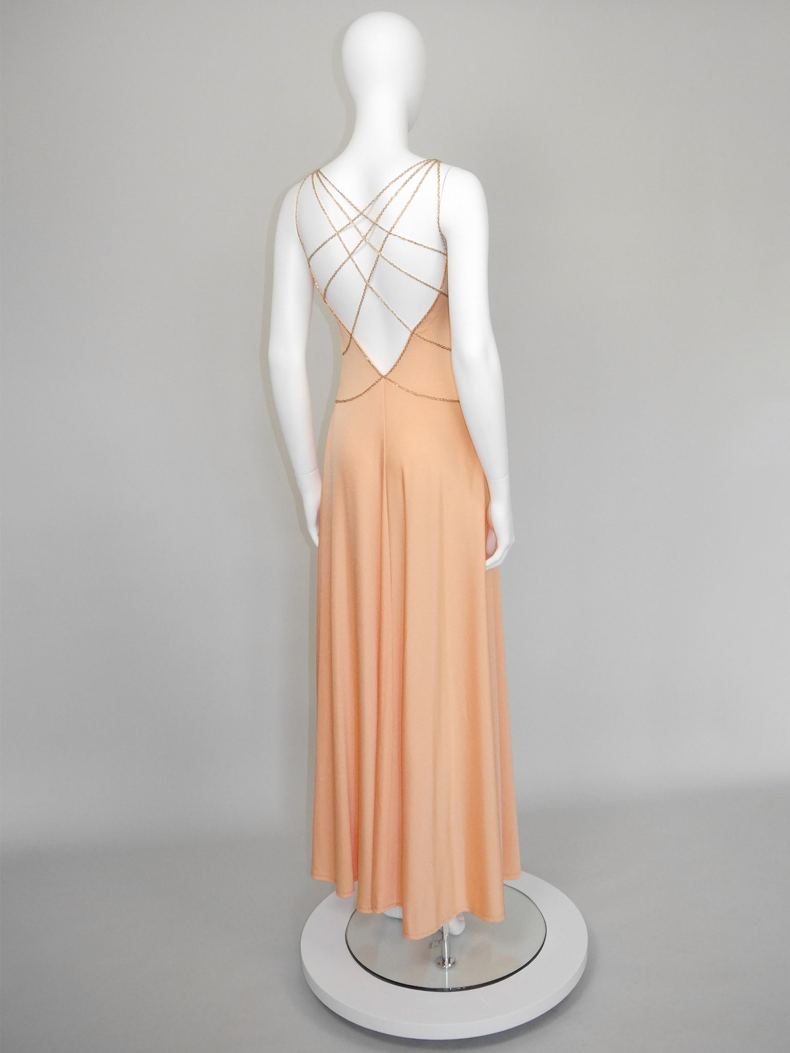 LORIS AZZARO c. 1976 Vintage Beaded Lattice Straps Maxi Evening Gown Size S